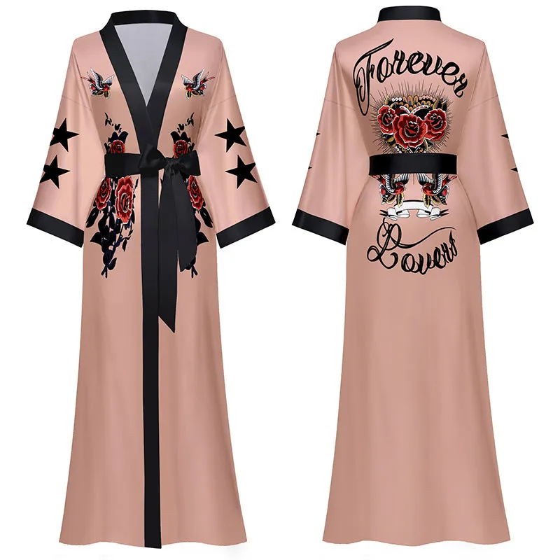 Women Printed Satin Silk Kimono Robe