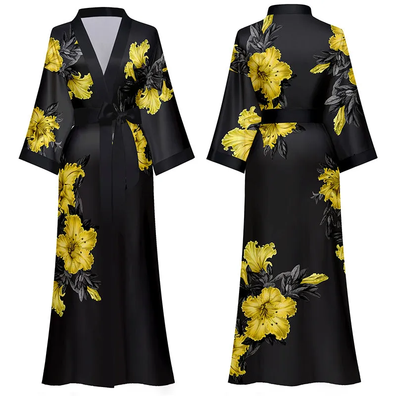 Women Printed Satin Silk Kimono Robe
