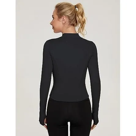 Womens Gym Tops Long Sleeve Sports T-Shirt Fitness Workout Yoga Crop Tops Ladies Running Tee Shirts Half Zip Breathable Activewear with Thumb Holes