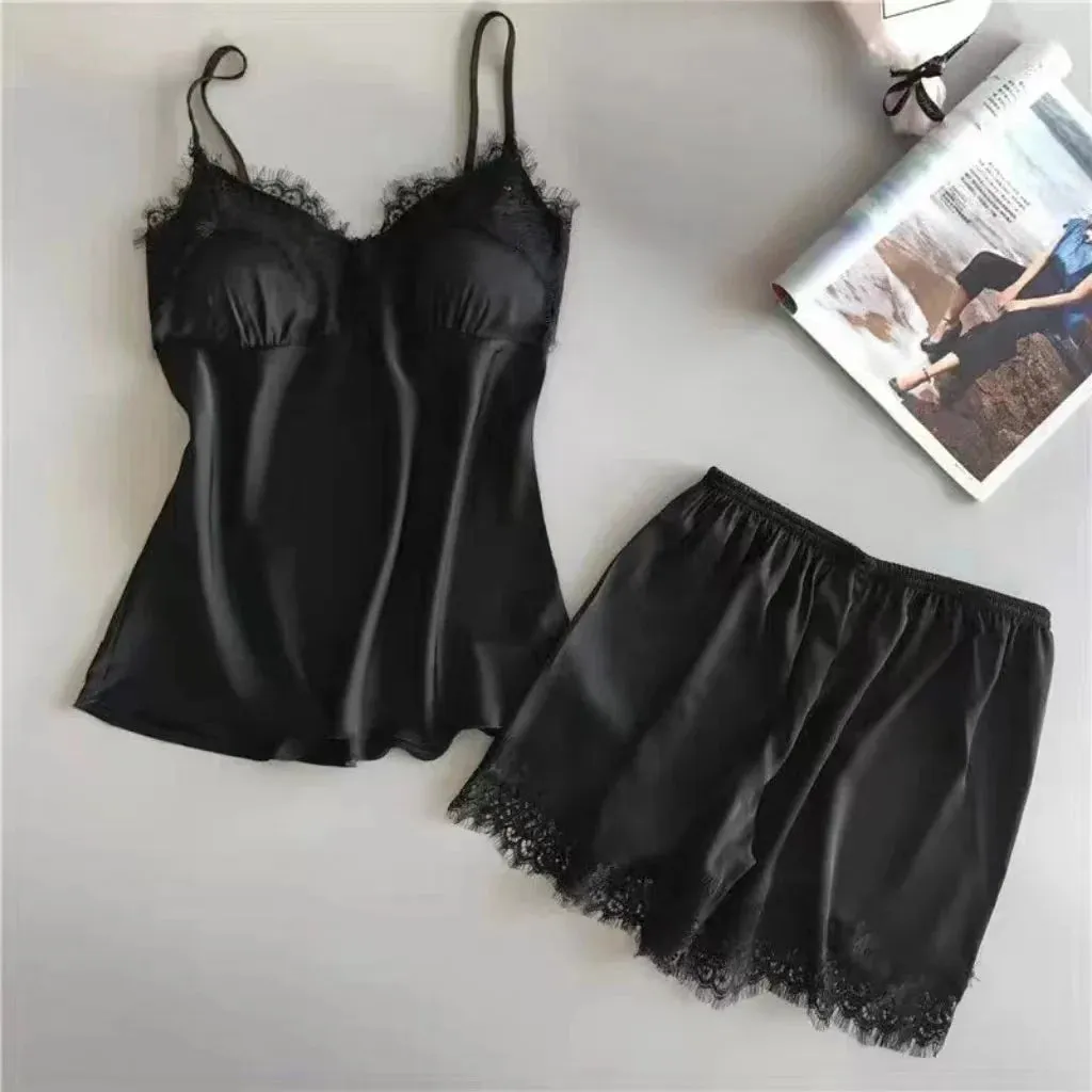 Women's Halter Pajamas 2-Piece Camisole Shorts Sexy Lace Breathable Comfort Wear