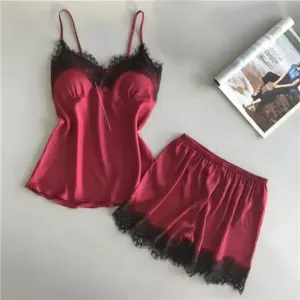 Women's Halter Pajamas 2-Piece Camisole Shorts Sexy Lace Breathable Comfort Wear