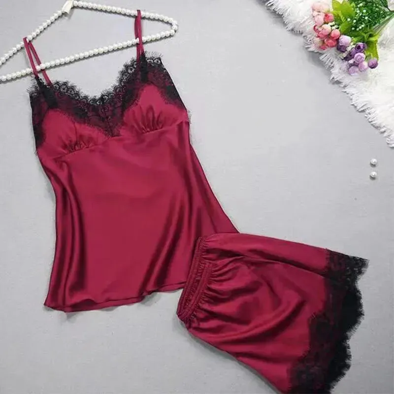 Women's Halter Pajamas 2-Piece Camisole Shorts Sexy Lace Breathable Comfort Wear