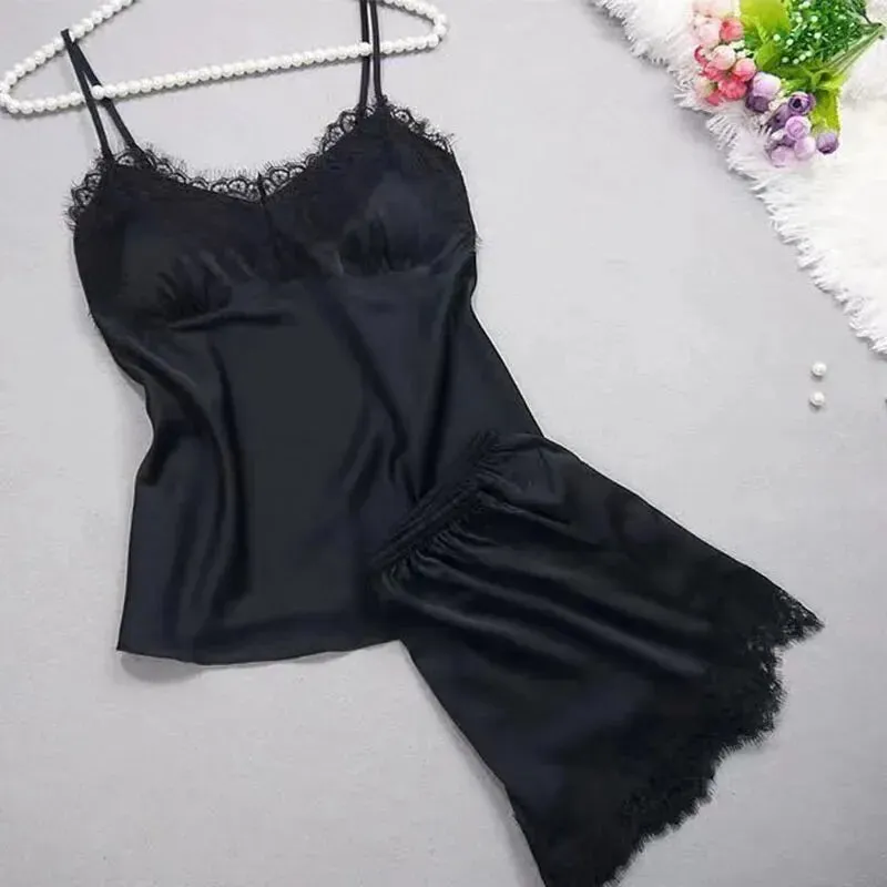 Women's Halter Pajamas 2-Piece Camisole Shorts Sexy Lace Breathable Comfort Wear