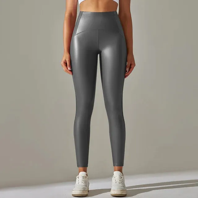 Women's Sexy PU Leather Yoga Leggings - High Waist Slim Pencil Pants