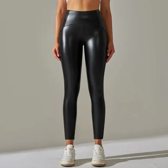 Women's Sexy PU Leather Yoga Leggings - High Waist Slim Pencil Pants