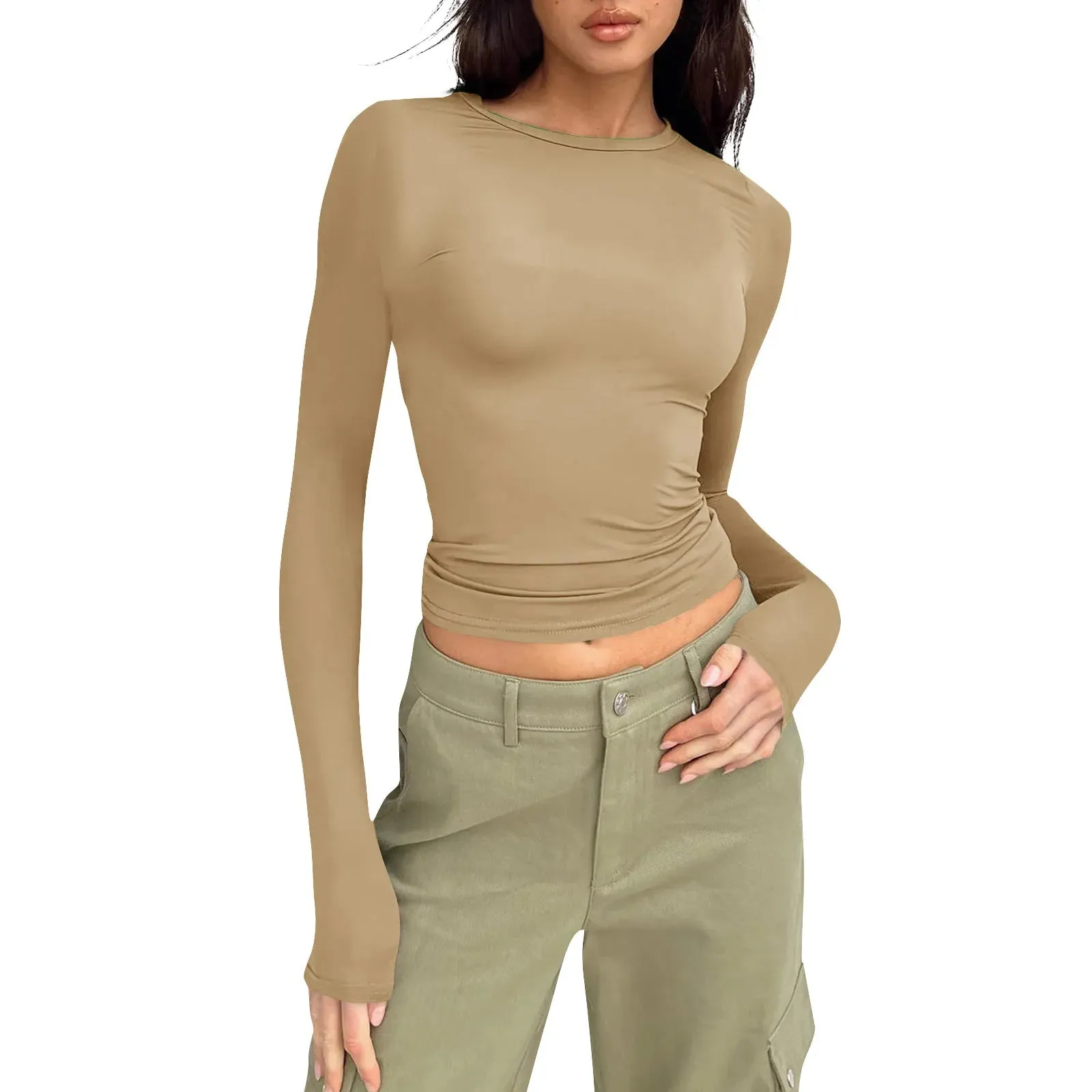 Women's Solid Color Round Neck Long Sleeve Top - Dressy Fashion Blouse