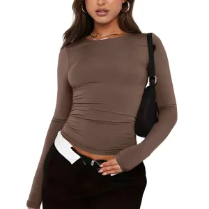 Women's Solid Color Round Neck Long Sleeve Top - Dressy Fashion Blouse