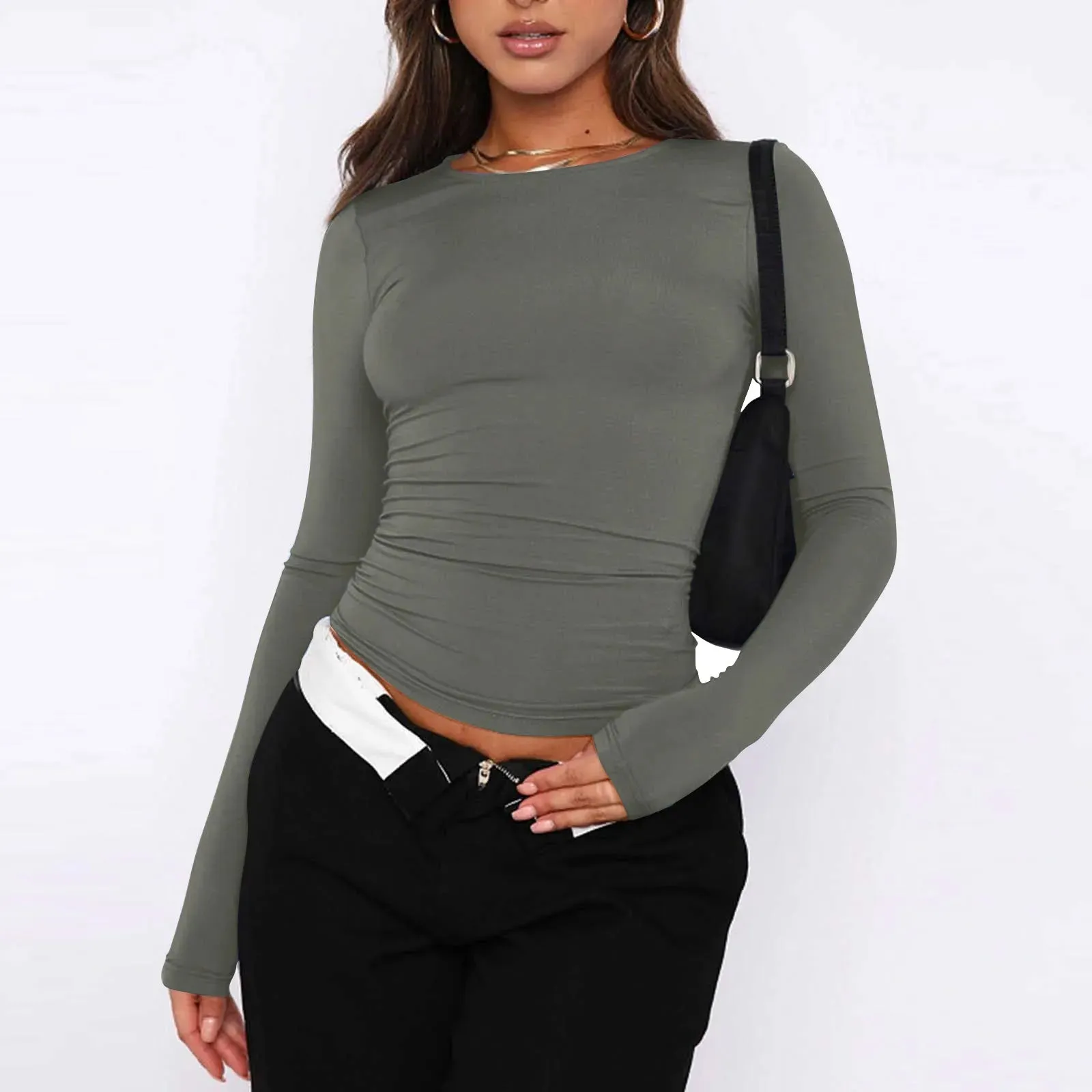 Women's Solid Color Round Neck Long Sleeve Top - Dressy Fashion Blouse