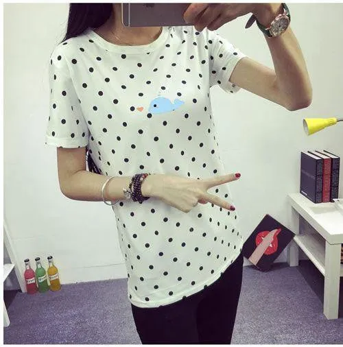 Women's T-Shirt Clothes Girls Tee Shirt O-neck Polka Dotted Printed Tshirt Short Tops Bottoming Tops