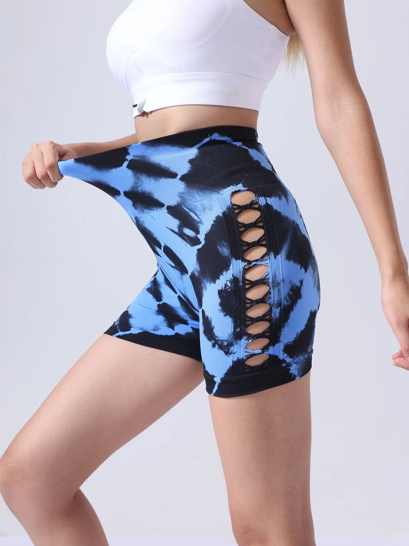 Women's Tie-dye Side Bow Hollow High Waist Hip Lifting Sports Fitness Yoga Shorts, Shorts For Women High Waist Tie Dye Workout Yoga Gym Scrunch Butt Lifting Cycling Biker Shorts