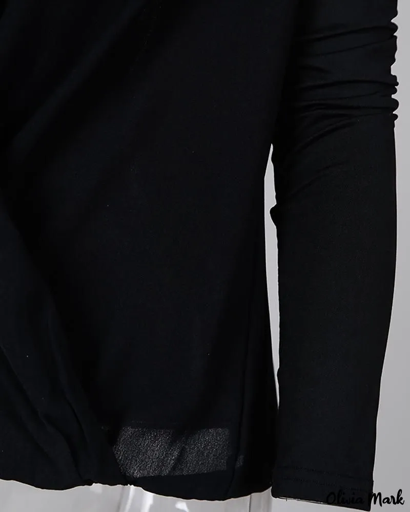 Xieyinshe - Solid Plunge Long Sleeve Ruched Blouse