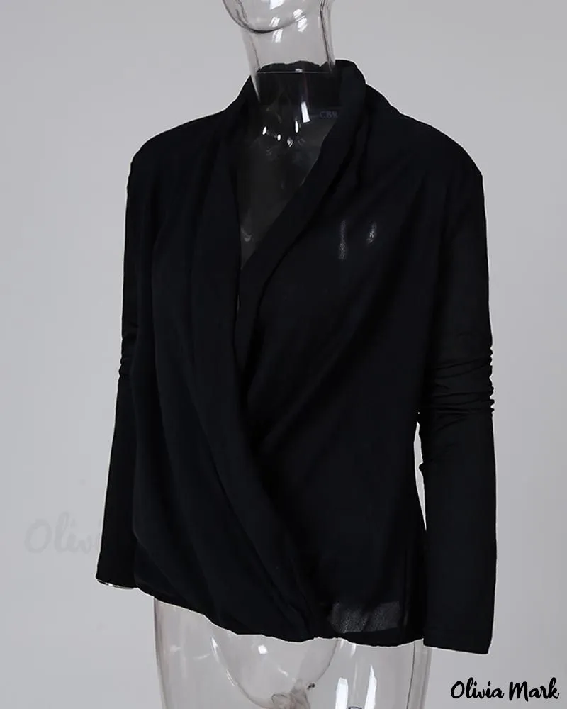 Xieyinshe - Solid Plunge Long Sleeve Ruched Blouse