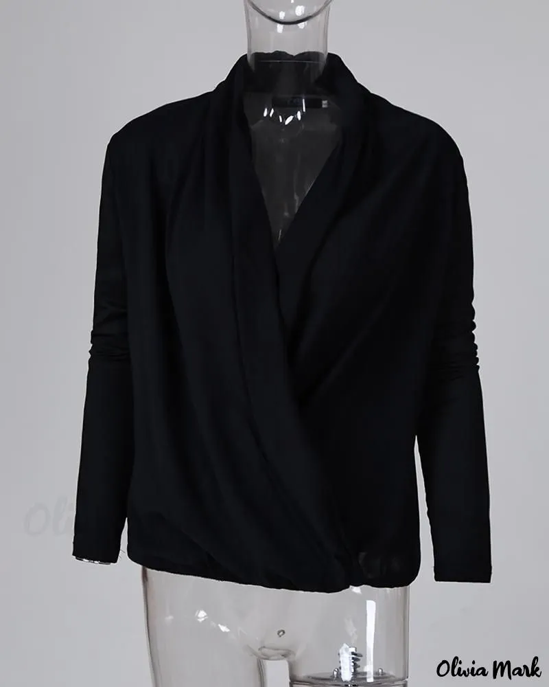 Xieyinshe - Solid Plunge Long Sleeve Ruched Blouse