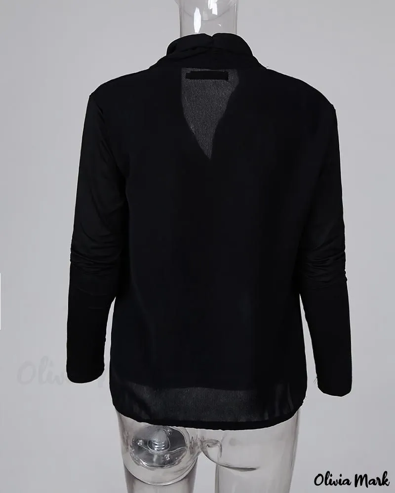 Xieyinshe - Solid Plunge Long Sleeve Ruched Blouse