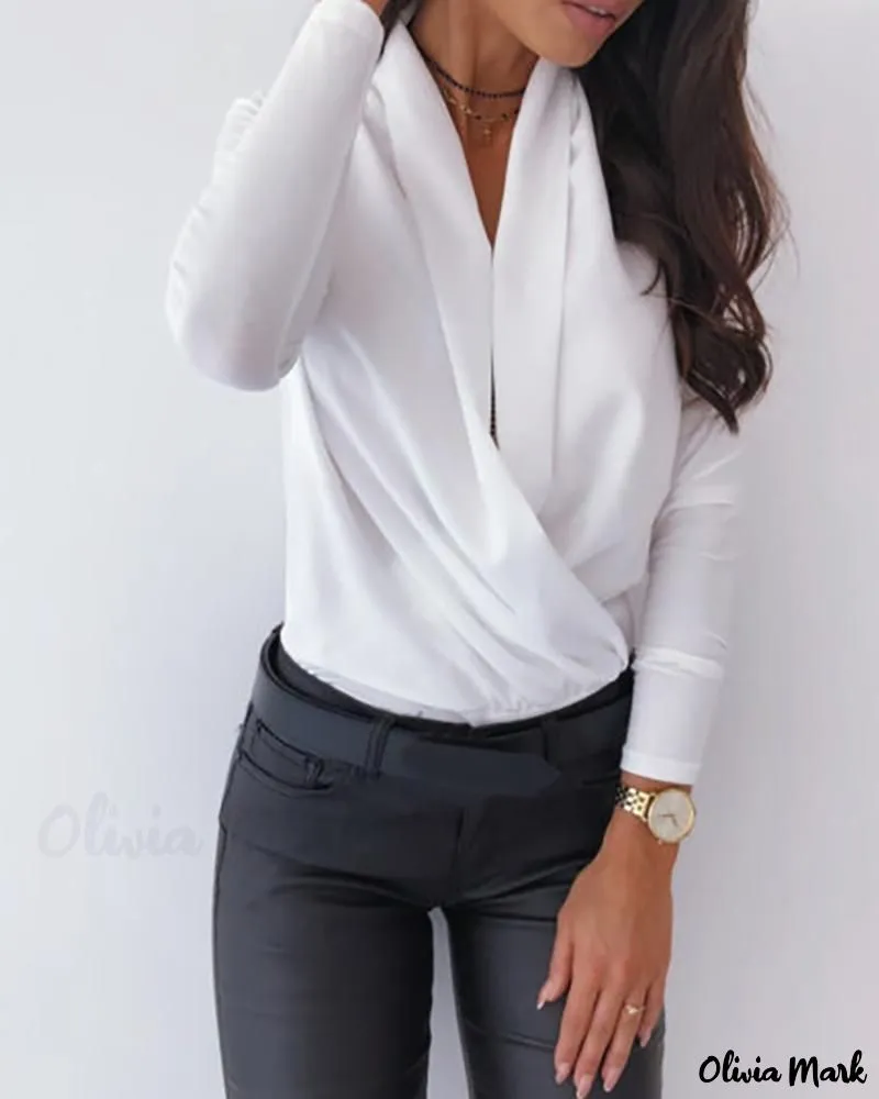 Xieyinshe - Solid Plunge Long Sleeve Ruched Blouse