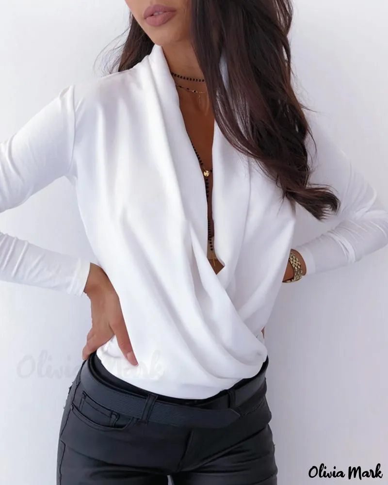 Xieyinshe - Solid Plunge Long Sleeve Ruched Blouse