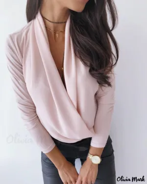 Xieyinshe - Solid Plunge Long Sleeve Ruched Blouse