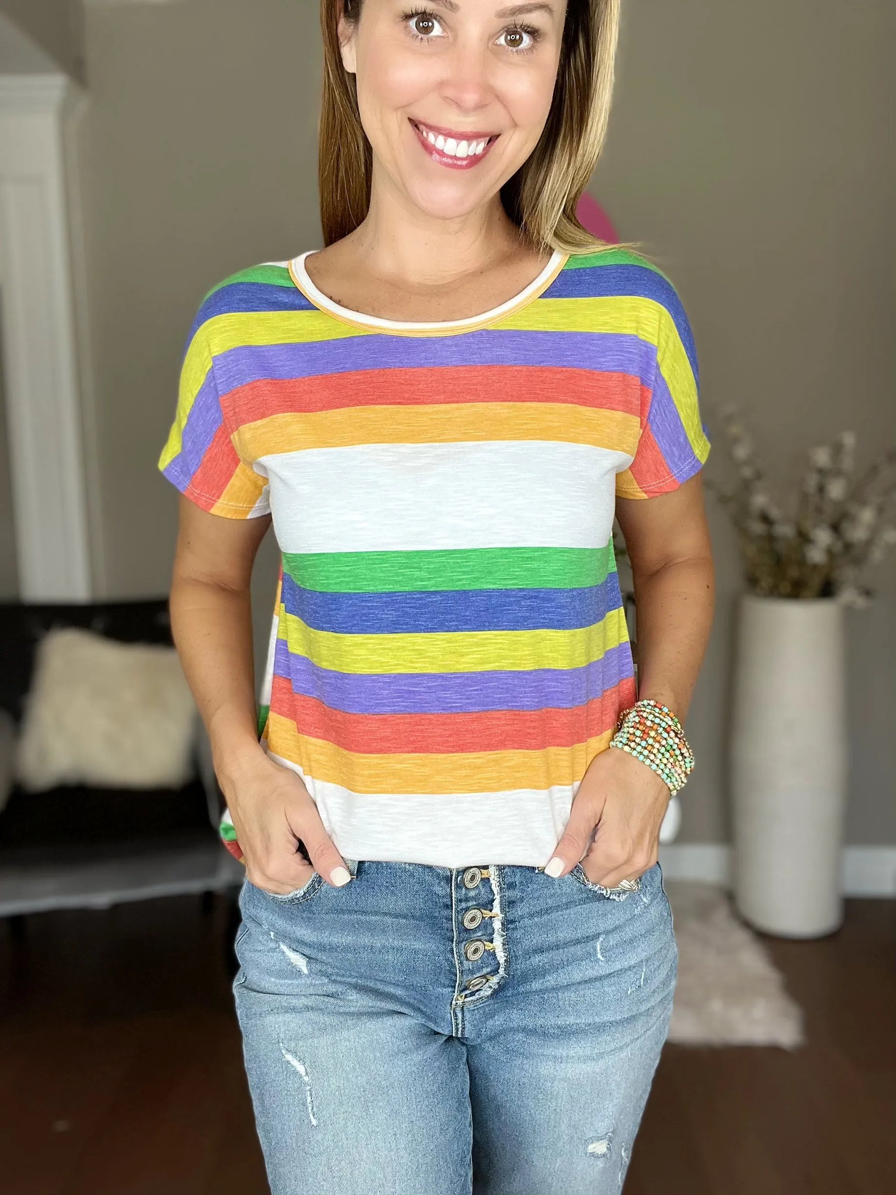 Yellow Multicolor Short Sleeve Stripe Top
