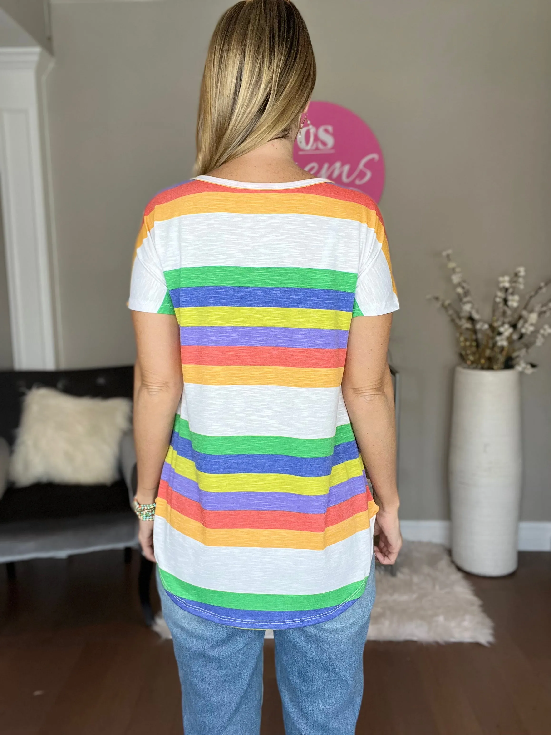 Yellow Multicolor Short Sleeve Stripe Top